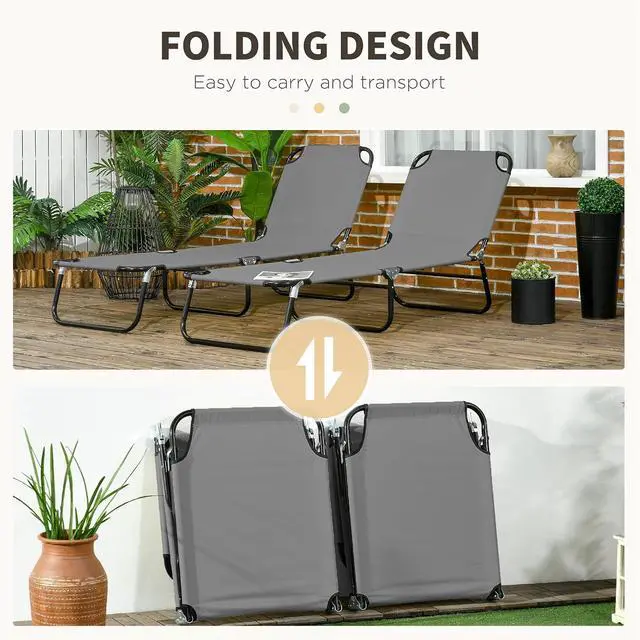 Alt view image 5 of 7 - 2 Pieces Folding Chaise Lounge Chair with 5-Level Back, Dark Gray | Pool Sun Tanning Chairs, Breathable Mesh Seat, Headrest, for Pool, Beach, Yard, Patio, Outside
