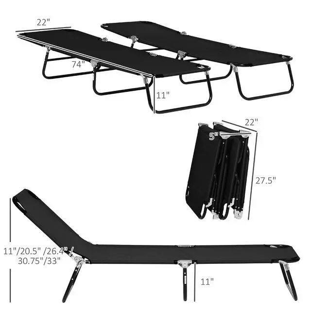 Alt view image 3 of 7 - 2 Pieces Folding Chaise Lounge Chair with 5-Level Back, Black | Pool Sun Tanning Chairs, Breathable Mesh Seat, Headrest, for Pool, Beach, Yard, Patio, Outside