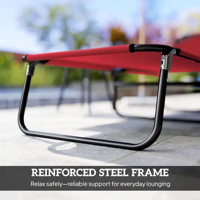Alt view image 6 of 7 - Folding Chaise Lounge Chair with 5-Level Back, Red | Pool Sun Tanning Chairs, Breathable Mesh Seat, Headrest, for Pool, Beach, Yard, Patio, Outside