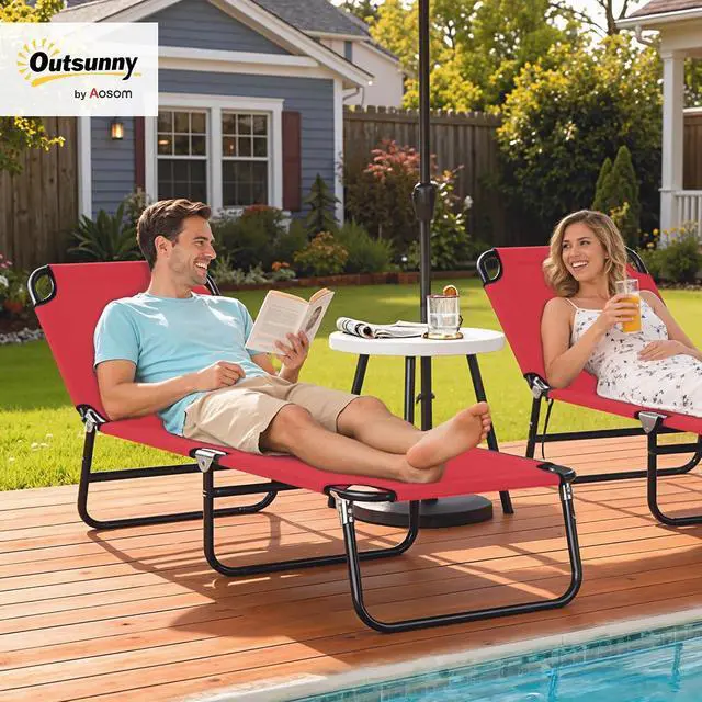 Alt view image 2 of 7 - Folding Chaise Lounge Chair with 5-Level Back, Red | Pool Sun Tanning Chairs, Breathable Mesh Seat, Headrest, for Pool, Beach, Yard, Patio, Outside