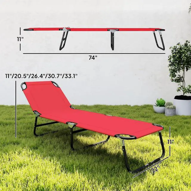 Alt view image 7 of 7 - Folding Chaise Lounge Chair with 5-Level Back, Red | Pool Sun Tanning Chairs, Breathable Mesh Seat, Headrest, for Pool, Beach, Yard, Patio, Outside