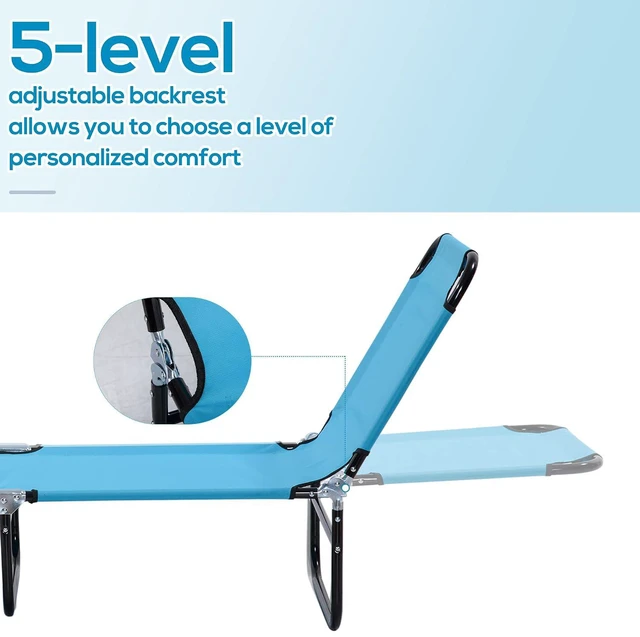 Alt view image 4 of 7 - Folding Chaise Lounge Chair with 5-Level Back, Sky Blue | Pool Sun Tanning Chairs, Breathable Mesh Seat, Headrest, for Pool, Beach, Yard, Patio, Outside