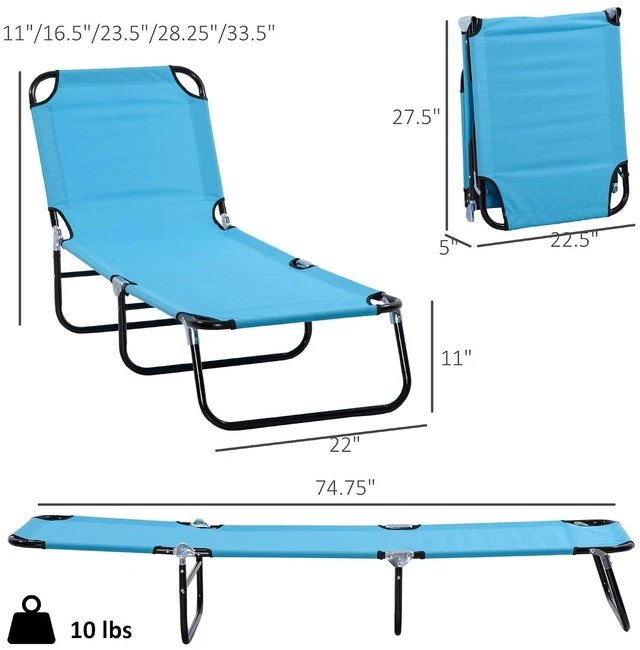 Alt view image 3 of 7 - Folding Chaise Lounge Chair with 5-Level Back, Sky Blue | Pool Sun Tanning Chairs, Breathable Mesh Seat, Headrest, for Pool, Beach, Yard, Patio, Outside