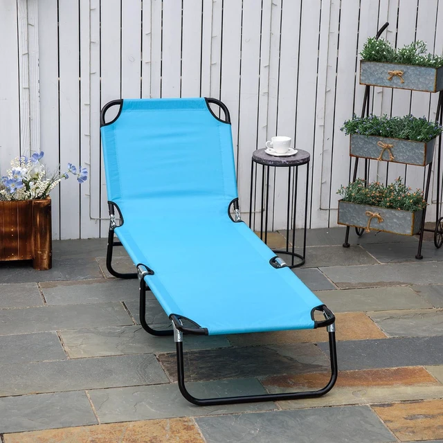 Alt view image 2 of 7 - Folding Chaise Lounge Chair with 5-Level Back, Sky Blue | Pool Sun Tanning Chairs, Breathable Mesh Seat, Headrest, for Pool, Beach, Yard, Patio, Outside