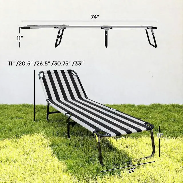 Alt view image 3 of 7 - Folding Chaise Lounge Chair with 5-Level Back, Black and White | Pool Sun Tanning Chairs, Breathable Mesh Seat, Headrest, for Pool, Beach, Yard, Patio, Outside