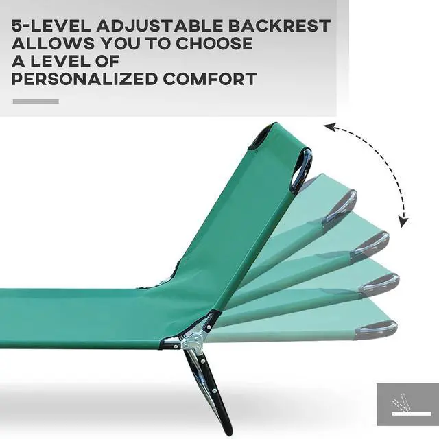 Alt view image 4 of 7 - Folding Chaise Lounge Chair with 5-Level Back, Green | Pool Sun Tanning Chairs, Breathable Mesh Seat, Headrest, for Pool, Beach, Yard, Patio, Outside