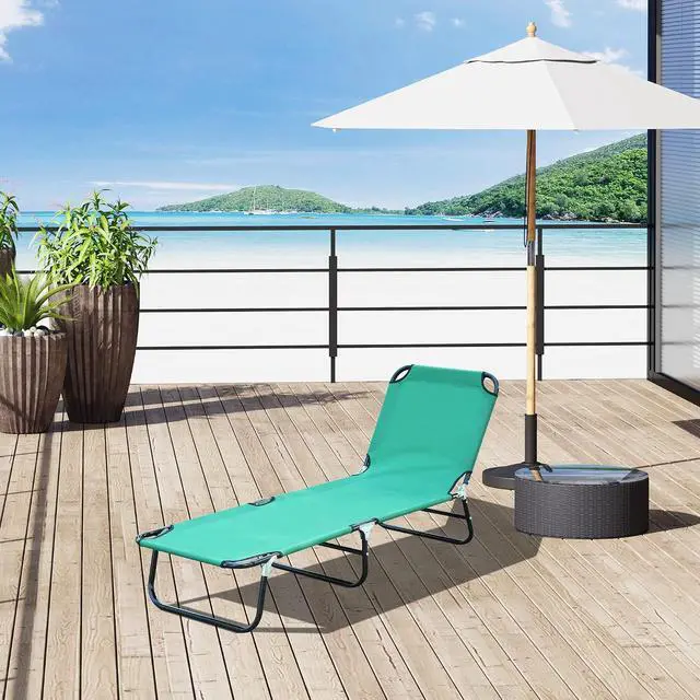 Alt view image 2 of 7 - Folding Chaise Lounge Chair with 5-Level Back, Green | Pool Sun Tanning Chairs, Breathable Mesh Seat, Headrest, for Pool, Beach, Yard, Patio, Outside