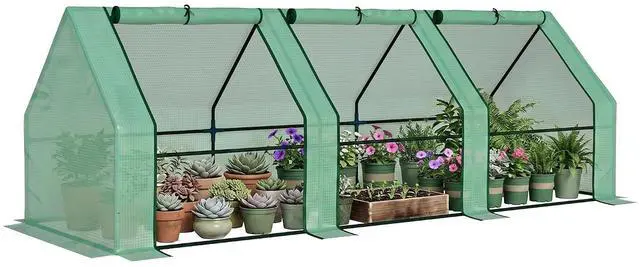 Main image of 9' x 3' x 3' Mini Greenhouse with Zippered Doors & Roll-up Windows, Portable Plant Hot House with PE Cover, Water Resistant, UV Protected for Outdoor Flowers, Vegetables, Green