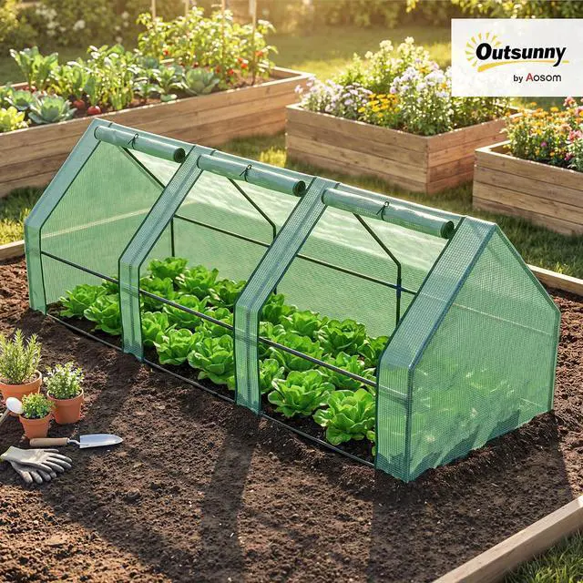Alt view image 2 of 7 - 9' x 3' x 3' Mini Greenhouse with Zippered Doors & Roll-up Windows, Portable Plant Hot House with PE Cover, Water Resistant, UV Protected for Outdoor Flowers, Vegetables, Green