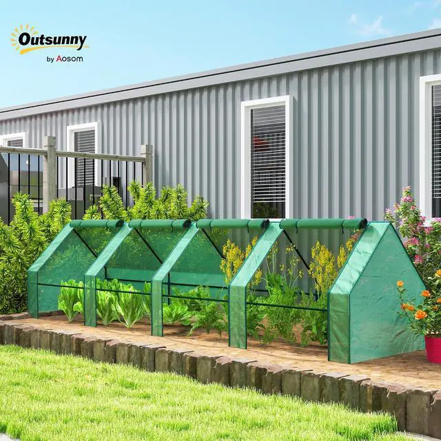 Alt view image 2 of 7 - 12' x 3' x 3' Mini Greenhouse Portable with Zippered Doors Green | Roll-up Windows, Small, Plant Hot House, PE Cover, Water Resistant, UV Protected, for Outdoor Flowers, Vegetables