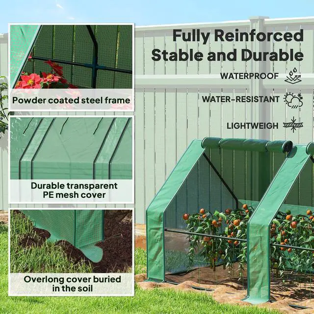 Alt view image 4 of 7 - 12' x 3' x 3' Mini Greenhouse Portable with Zippered Doors Green | Roll-up Windows, Small, Plant Hot House, PE Cover, Water Resistant, UV Protected, for Outdoor Flowers, Vegetables