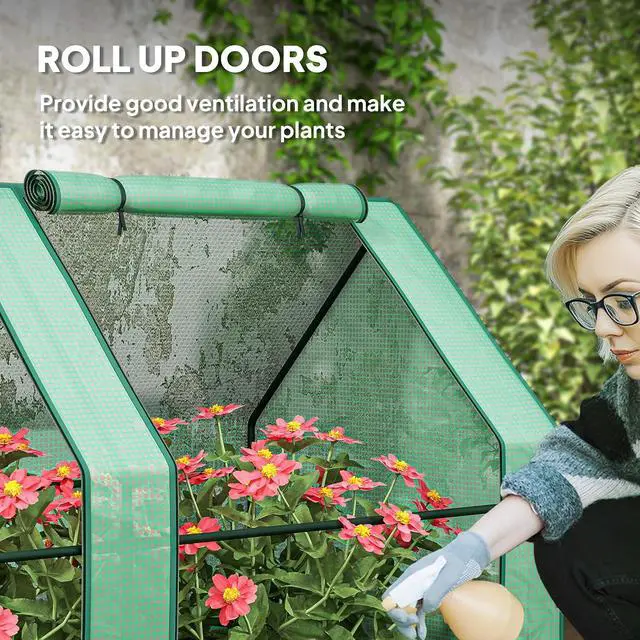 Alt view image 6 of 7 - 12' x 3' x 3' Mini Greenhouse Portable with Zippered Doors Green | Roll-up Windows, Small, Plant Hot House, PE Cover, Water Resistant, UV Protected, for Outdoor Flowers, Vegetables
