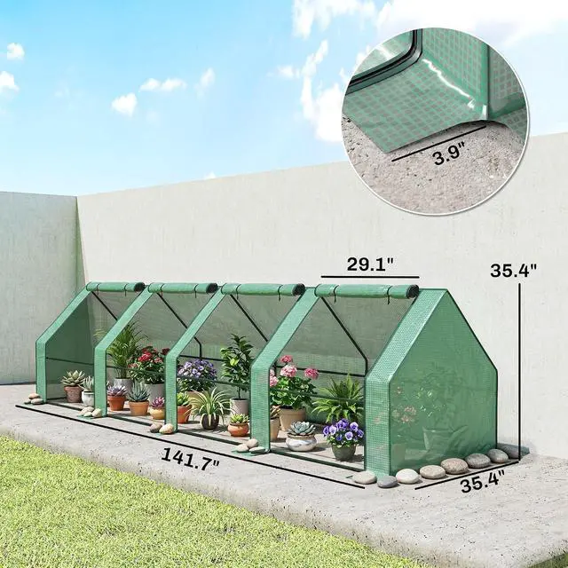 Alt view image 7 of 7 - 12' x 3' x 3' Mini Greenhouse Portable with Zippered Doors Green | Roll-up Windows, Small, Plant Hot House, PE Cover, Water Resistant, UV Protected, for Outdoor Flowers, Vegetables