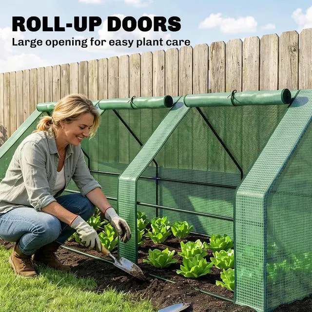Alt view image 4 of 7 - 9' x 3' x 3' Mini Greenhouse with Zippered Doors & Roll-up Windows, Portable Plant Hot House with PE Cover, Water Resistant, UV Protected for Outdoor Flowers, Vegetables, Green