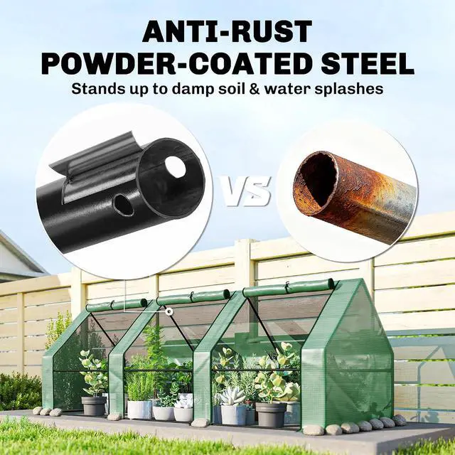 Alt view image 6 of 7 - 9' x 3' x 3' Mini Greenhouse with Zippered Doors & Roll-up Windows, Portable Plant Hot House with PE Cover, Water Resistant, UV Protected for Outdoor Flowers, Vegetables, Green
