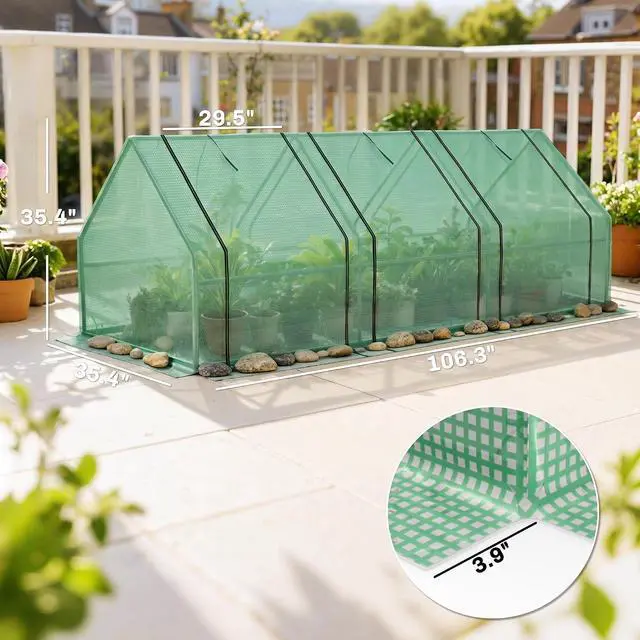 Alt view image 7 of 7 - 9' x 3' x 3' Mini Greenhouse with Zippered Doors & Roll-up Windows, Portable Plant Hot House with PE Cover, Water Resistant, UV Protected for Outdoor Flowers, Vegetables, Green