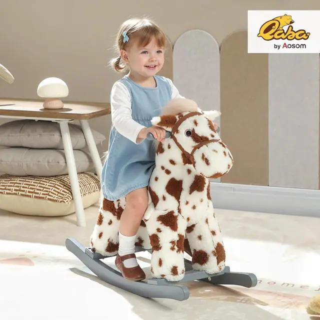 Alt view image 2 of 7 - Qaba Rocking Horse with Neighing Sound for Toddlers 25 Years Brown | Kids Plush Animal Rocker, Soft Filling Ride on Horse, Rabbit Toy