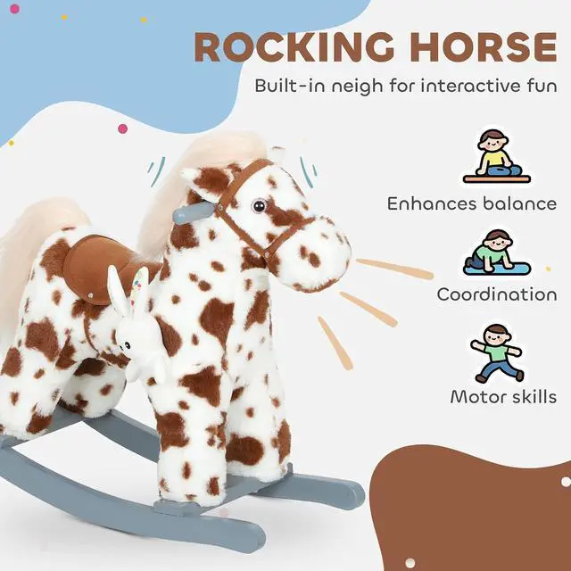 Alt view image 3 of 7 - Qaba Rocking Horse with Neighing Sound for Toddlers 25 Years Brown | Kids Plush Animal Rocker, Soft Filling Ride on Horse, Rabbit Toy