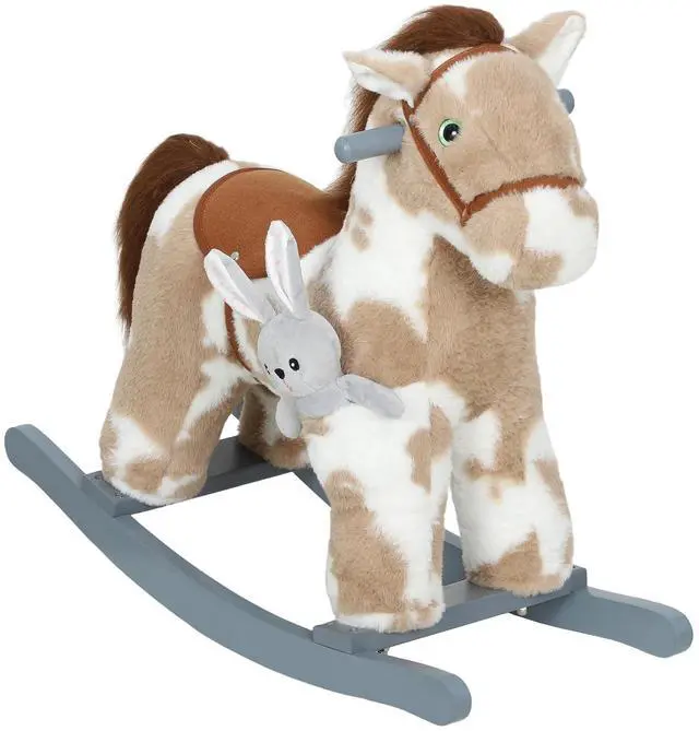 Main image of Qaba Rocking Horse with Neighing Sound for Toddlers 25 Years Light Brown | Kids Plush Animal Rocker, Soft Filling Ride on Horse, Rabbit Toy
