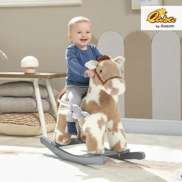 Alt view image 2 of 7 - Qaba Rocking Horse with Neighing Sound for Toddlers 25 Years Light Brown | Kids Plush Animal Rocker, Soft Filling Ride on Horse, Rabbit Toy