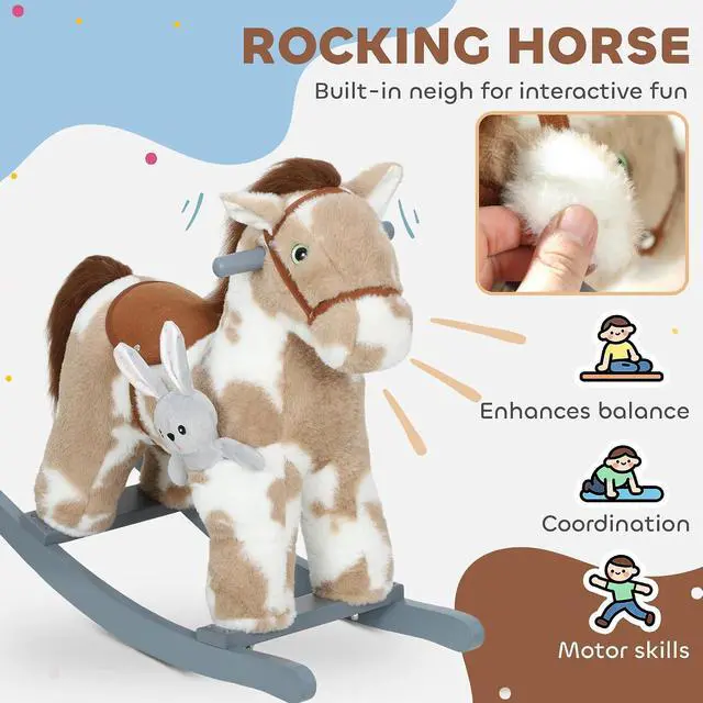 Alt view image 3 of 7 - Qaba Rocking Horse with Neighing Sound for Toddlers 25 Years Light Brown | Kids Plush Animal Rocker, Soft Filling Ride on Horse, Rabbit Toy