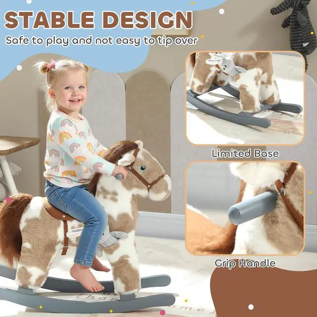 Alt view image 4 of 7 - Qaba Rocking Horse with Neighing Sound for Toddlers 25 Years Light Brown | Kids Plush Animal Rocker, Soft Filling Ride on Horse, Rabbit Toy