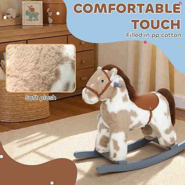 Alt view image 5 of 7 - Qaba Rocking Horse with Neighing Sound for Toddlers 25 Years Light Brown | Kids Plush Animal Rocker, Soft Filling Ride on Horse, Rabbit Toy