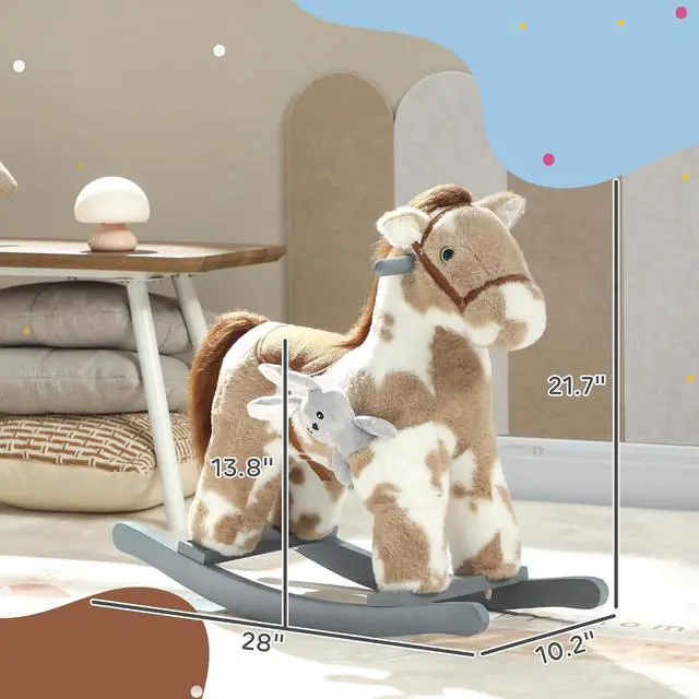 Alt view image 7 of 7 - Qaba Rocking Horse with Neighing Sound for Toddlers 25 Years Light Brown | Kids Plush Animal Rocker, Soft Filling Ride on Horse, Rabbit Toy