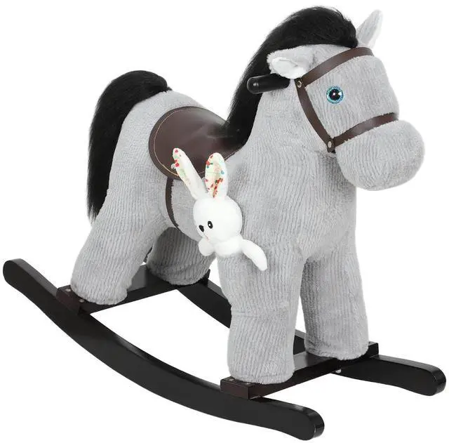 Main image of Qaba Rocking Horse with Neighing Sound for Toddlers 25 Years Gray | Kids Plush Animal Rocker, Soft Filling Ride on Horse, Rabbit Toy