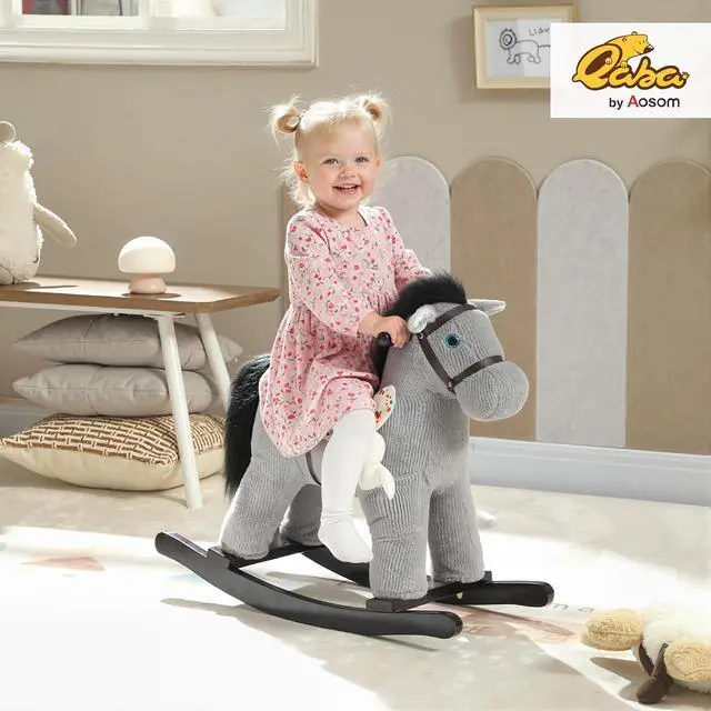 Alt view image 2 of 7 - Qaba Rocking Horse with Neighing Sound for Toddlers 25 Years Gray | Kids Plush Animal Rocker, Soft Filling Ride on Horse, Rabbit Toy