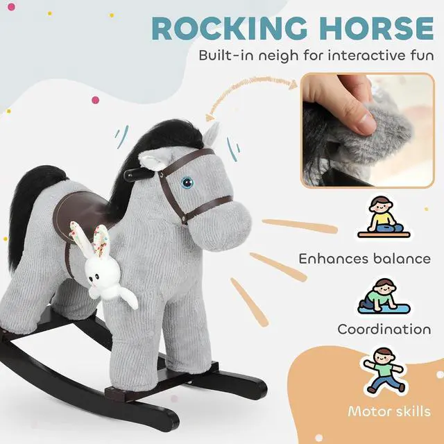 Alt view image 3 of 7 - Qaba Rocking Horse with Neighing Sound for Toddlers 25 Years Gray | Kids Plush Animal Rocker, Soft Filling Ride on Horse, Rabbit Toy