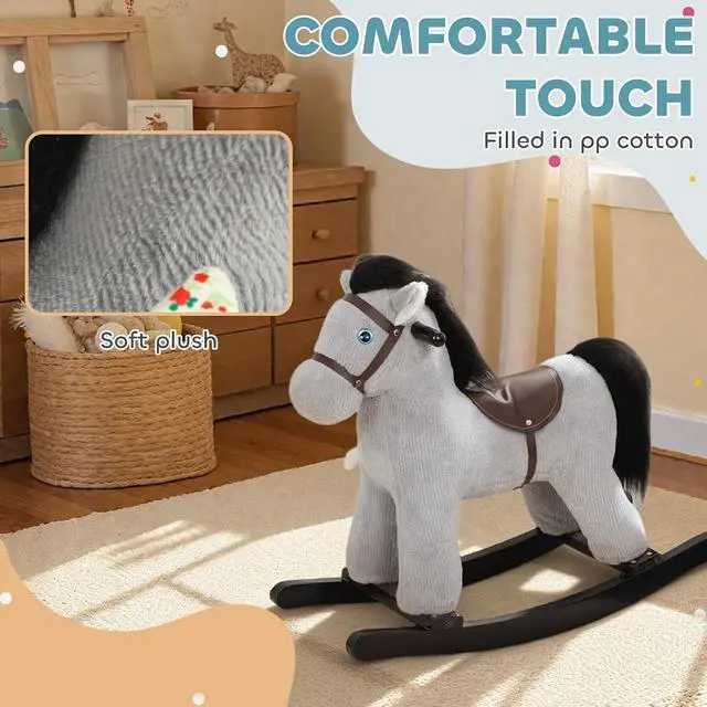 Alt view image 5 of 7 - Qaba Rocking Horse with Neighing Sound for Toddlers 25 Years Gray | Kids Plush Animal Rocker, Soft Filling Ride on Horse, Rabbit Toy