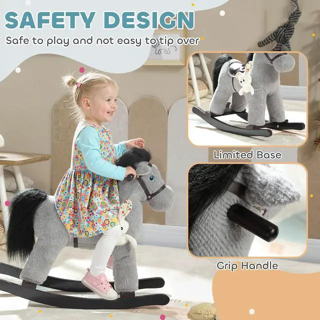 Alt view image 4 of 7 - Qaba Rocking Horse with Neighing Sound for Toddlers 25 Years Gray | Kids Plush Animal Rocker, Soft Filling Ride on Horse, Rabbit Toy