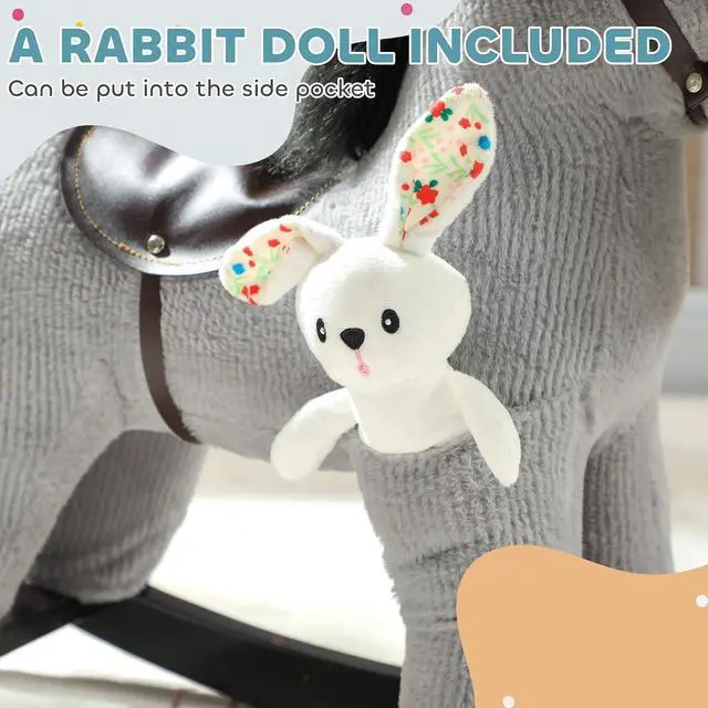 Alt view image 6 of 7 - Qaba Rocking Horse with Neighing Sound for Toddlers 25 Years Gray | Kids Plush Animal Rocker, Soft Filling Ride on Horse, Rabbit Toy