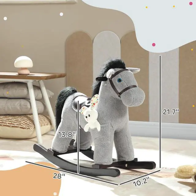 Alt view image 7 of 7 - Qaba Rocking Horse with Neighing Sound for Toddlers 25 Years Gray | Kids Plush Animal Rocker, Soft Filling Ride on Horse, Rabbit Toy
