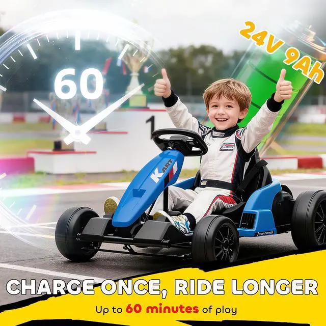 Alt view image 4 of 7 - Qaba Electric Go Kart 24V 9Ah Big Battery Kids Drift Kart Ages 6-12 Blue | Dual 150W Motors, Adjustable Seat, 11.2MPH High Speed, Slow Start, 5-Point Harness