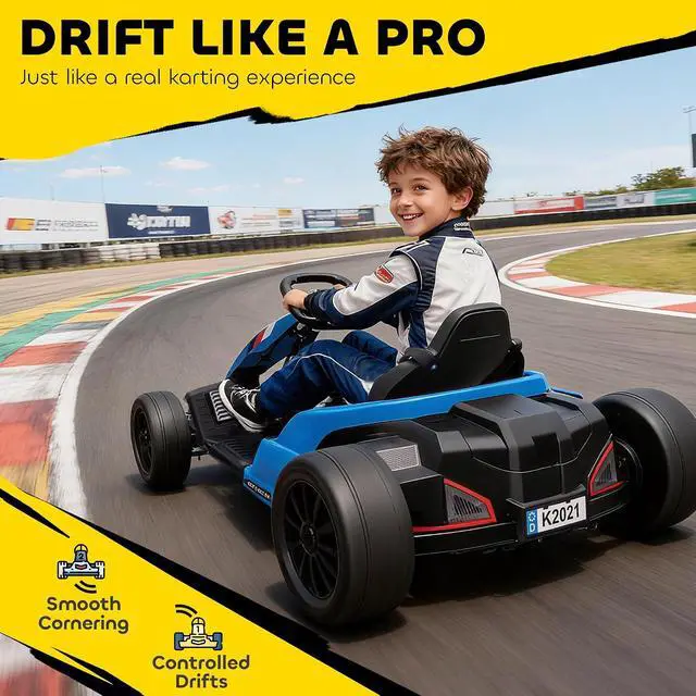 Alt view image 5 of 7 - Qaba Electric Go Kart 24V 9Ah Big Battery Kids Drift Kart Ages 6-12 Blue | Dual 150W Motors, Adjustable Seat, 11.2MPH High Speed, Slow Start, 5-Point Harness