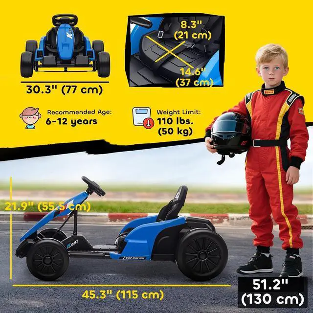Alt view image 7 of 7 - Qaba Electric Go Kart 24V 9Ah Big Battery Kids Drift Kart Ages 6-12 Blue | Dual 150W Motors, Adjustable Seat, 11.2MPH High Speed, Slow Start, 5-Point Harness