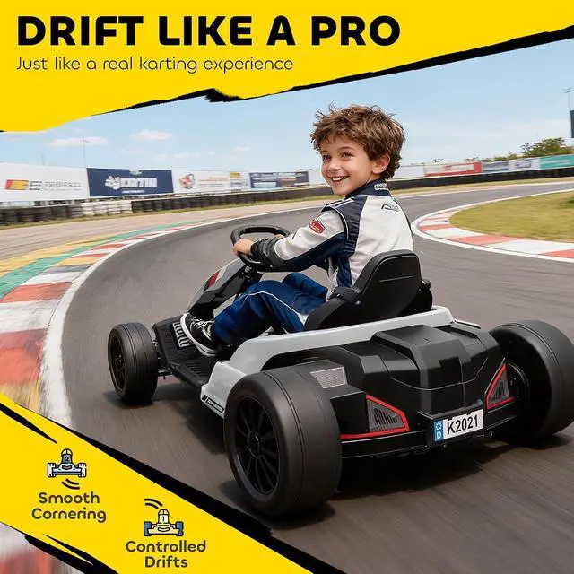 Alt view image 5 of 7 - Qaba Electric Go Kart 24V 9Ah Big Battery Kids Drift Kart Ages 6-12 White | Dual 150W Motors, Adjustable Seat, 11.2MPH High Speed, Slow Start, 5-Point Safety Belt