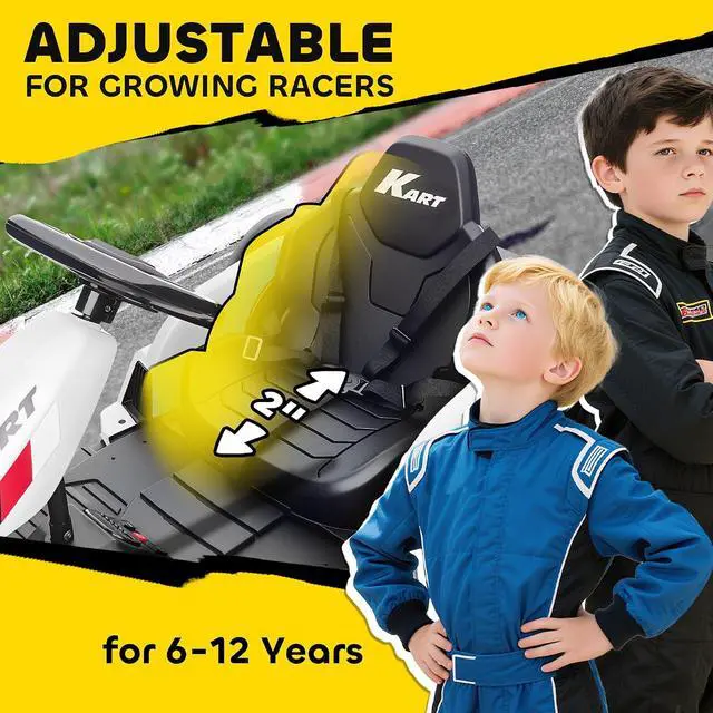 Alt view image 6 of 7 - Qaba Electric Go Kart 24V 9Ah Big Battery Kids Drift Kart Ages 6-12 White | Dual 150W Motors, Adjustable Seat, 11.2MPH High Speed, Slow Start, 5-Point Safety Belt