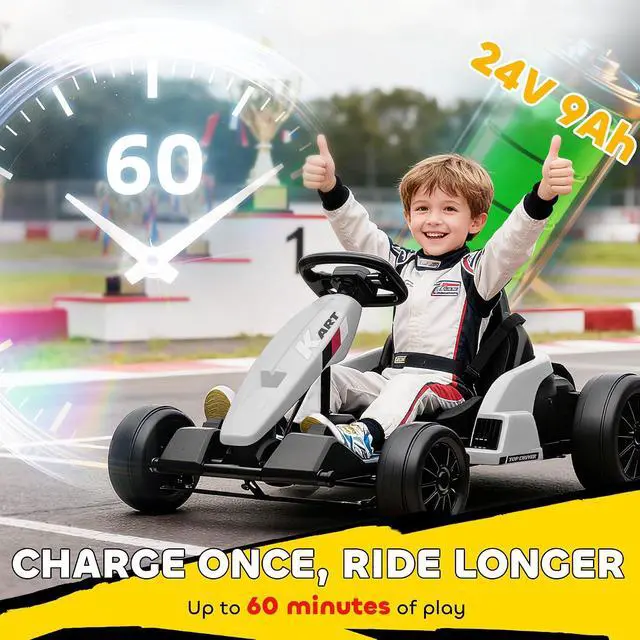 Alt view image 4 of 7 - Qaba Electric Go Kart 24V 9Ah Big Battery Kids Drift Kart Ages 6-12 White | Dual 150W Motors, Adjustable Seat, 11.2MPH High Speed, Slow Start, 5-Point Safety Belt