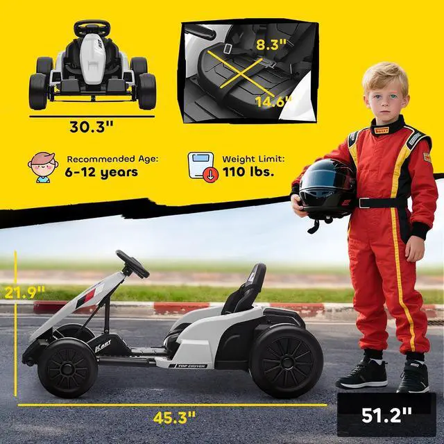 Alt view image 7 of 7 - Qaba Electric Go Kart 24V 9Ah Big Battery Kids Drift Kart Ages 6-12 White | Dual 150W Motors, Adjustable Seat, 11.2MPH High Speed, Slow Start, 5-Point Safety Belt
