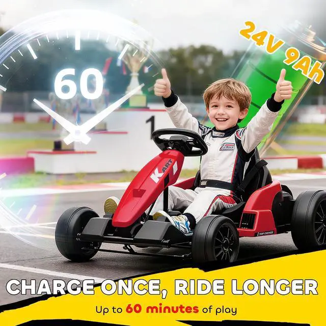 Alt view image 4 of 7 - Qaba Electric Go Kart 24V 9Ah Big Battery Kids Drift Kart Ages 6-12 Red | Dual 150W Motors, Adjustable Seat, 11.2MPH High Speed, Slow Start, 5-Point Harness