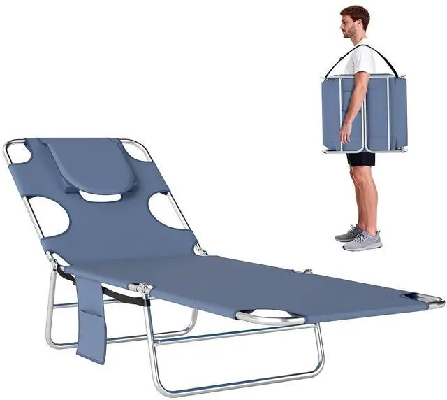 Main image of Chaise Lounge Chair Outdoor w/Face Arm Hole Gray | 5-Position Reclining, Face Down, Carry Strap, Side Pocket, Portable, Folding Tanning Bed Cot, for Patio Beach Pool