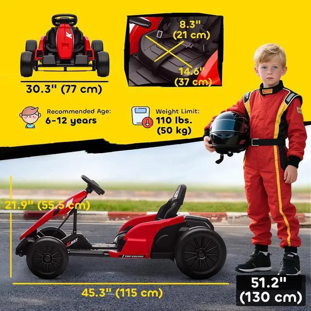 Alt view image 7 of 7 - Qaba Electric Go Kart 24V 9Ah Big Battery Kids Drift Kart Ages 6-12 Red | Dual 150W Motors, Adjustable Seat, 11.2MPH High Speed, Slow Start, 5-Point Harness