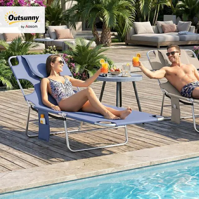 Alt view image 2 of 7 - Chaise Lounge Chair Outdoor w/Face Arm Hole Gray | 5-Position Reclining, Face Down, Carry Strap, Side Pocket, Portable, Folding Tanning Bed Cot, for Patio Beach Pool