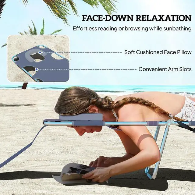 Alt view image 5 of 7 - Chaise Lounge Chair Outdoor w/Face Arm Hole Gray | 5-Position Reclining, Face Down, Carry Strap, Side Pocket, Portable, Folding Tanning Bed Cot, for Patio Beach Pool