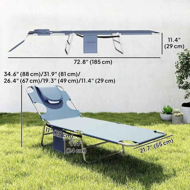 Alt view image 3 of 7 - Chaise Lounge Chair Outdoor w/Face Arm Hole Gray | 5-Position Reclining, Face Down, Carry Strap, Side Pocket, Portable, Folding Tanning Bed Cot, for Patio Beach Pool