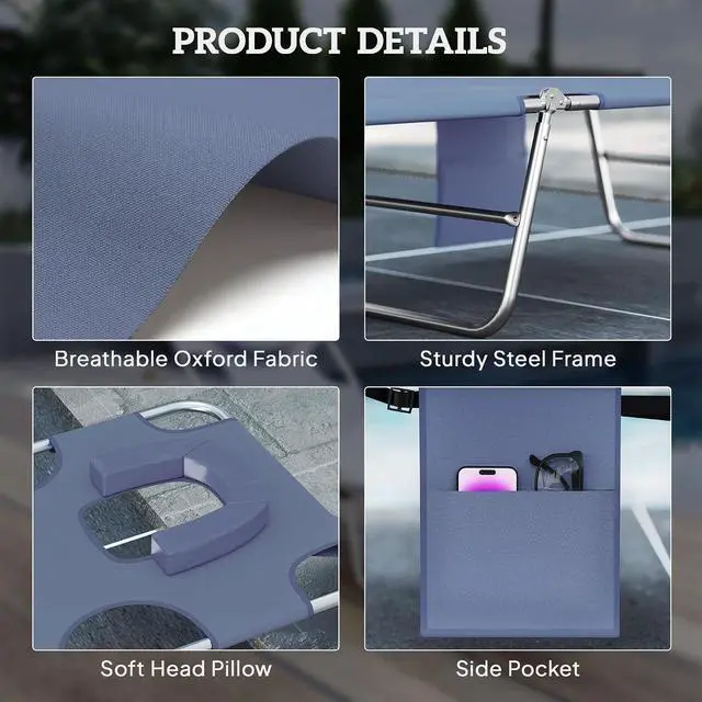 Alt view image 6 of 7 - Chaise Lounge Chair Outdoor w/Face Arm Hole Gray | 5-Position Reclining, Face Down, Carry Strap, Side Pocket, Portable, Folding Tanning Bed Cot, for Patio Beach Pool