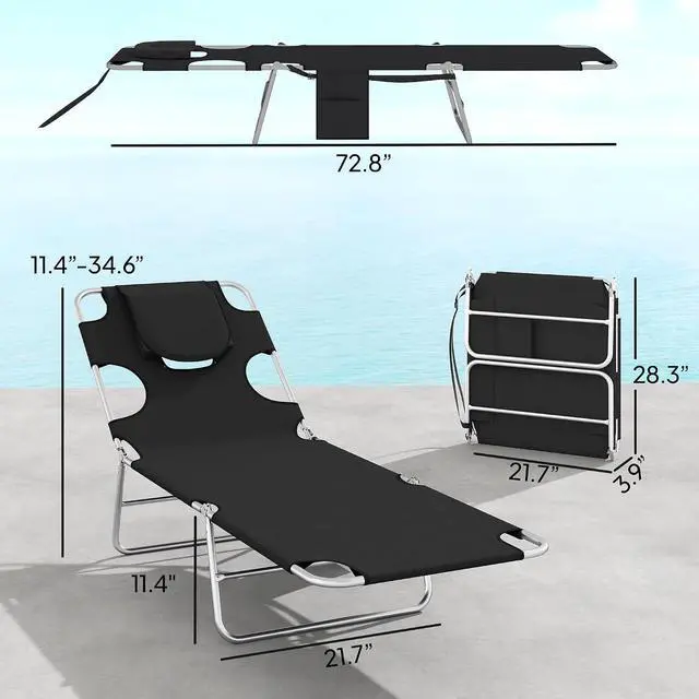 Alt view image 3 of 7 - Chaise Lounge Chair Outdoor Set of 2 w/Face Arm Hole Black | 5-Position Reclining, Face Down, Carry Strap, Side Pocket, Portable, Folding Tanning Bed Cot, for Patio Beach Pool